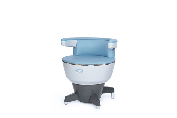 The image shows a modern, motorized barber chair with a blue seat, positioned against a white background.